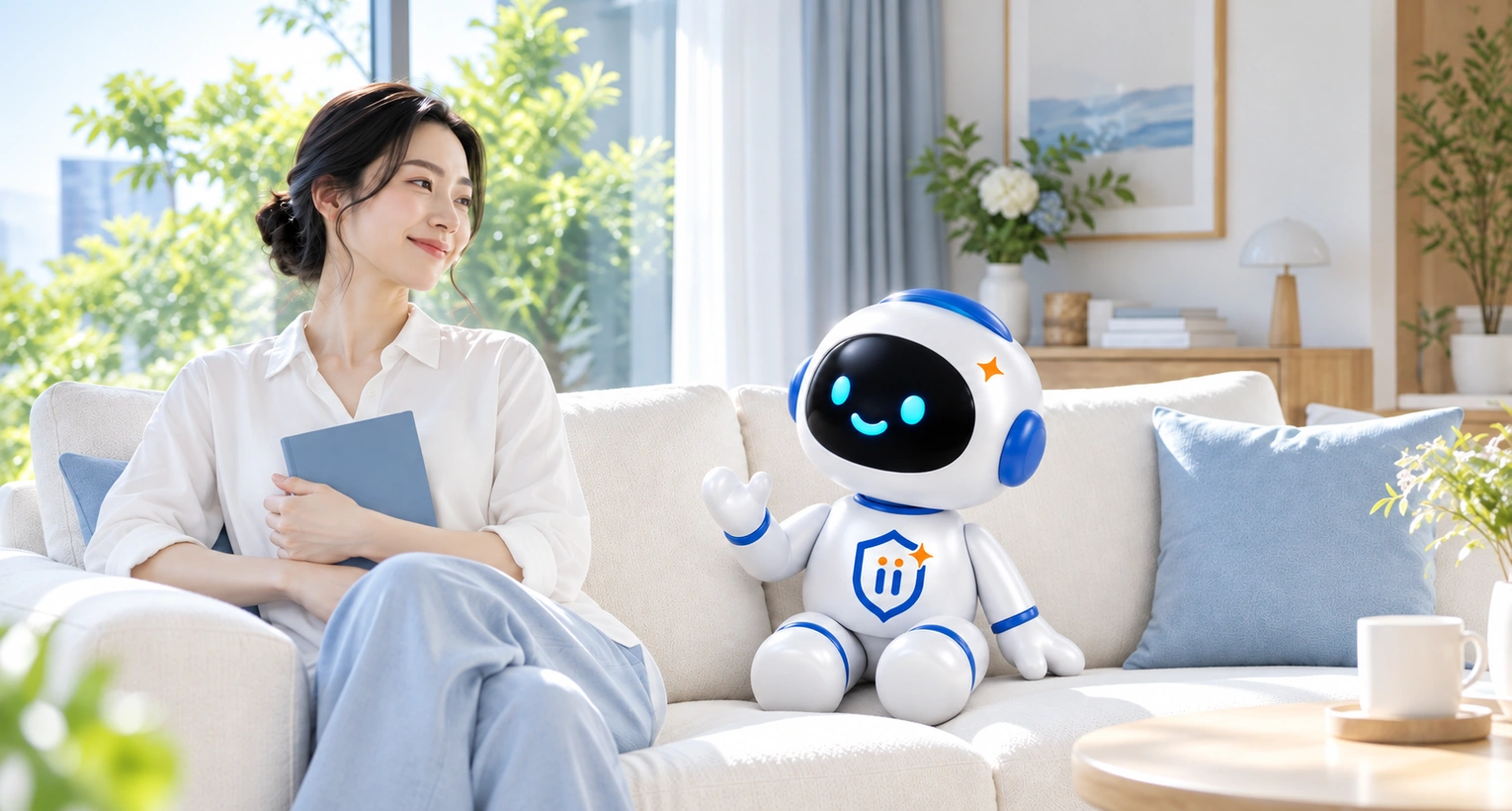 女生注視著身旁 MiiA Robot 的個人陪伴情境